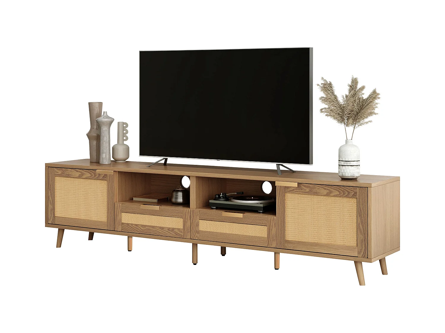 Meuble TV avec portes coulissantes en rotin et tiroirs, bois massif, 160x37x49cm, pour TV jusqu'à 70 pouces