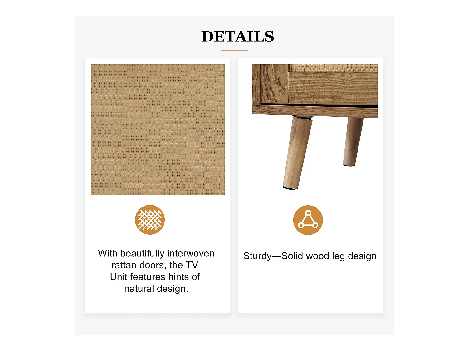 Meuble TV avec portes coulissantes en rotin et tiroirs, bois massif, 160x37x49cm, pour TV jusqu'à 70 pouces