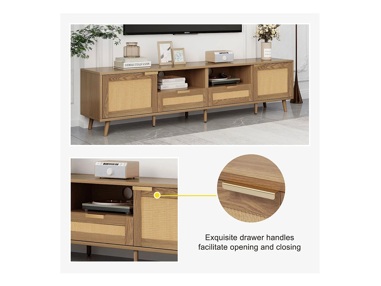 Meuble TV avec portes coulissantes en rotin et tiroirs, bois massif, 160x37x49cm, pour TV jusqu'à 70 pouces