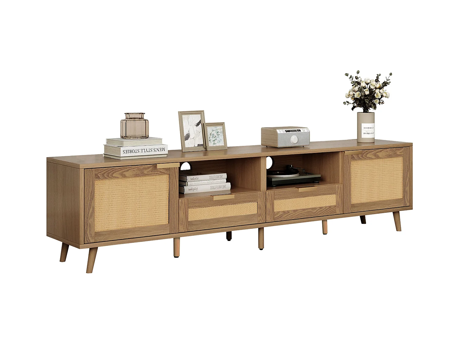 Meuble TV avec portes coulissantes en rotin et tiroirs, bois massif, 160x37x49cm, pour TV jusqu'à 70 pouces