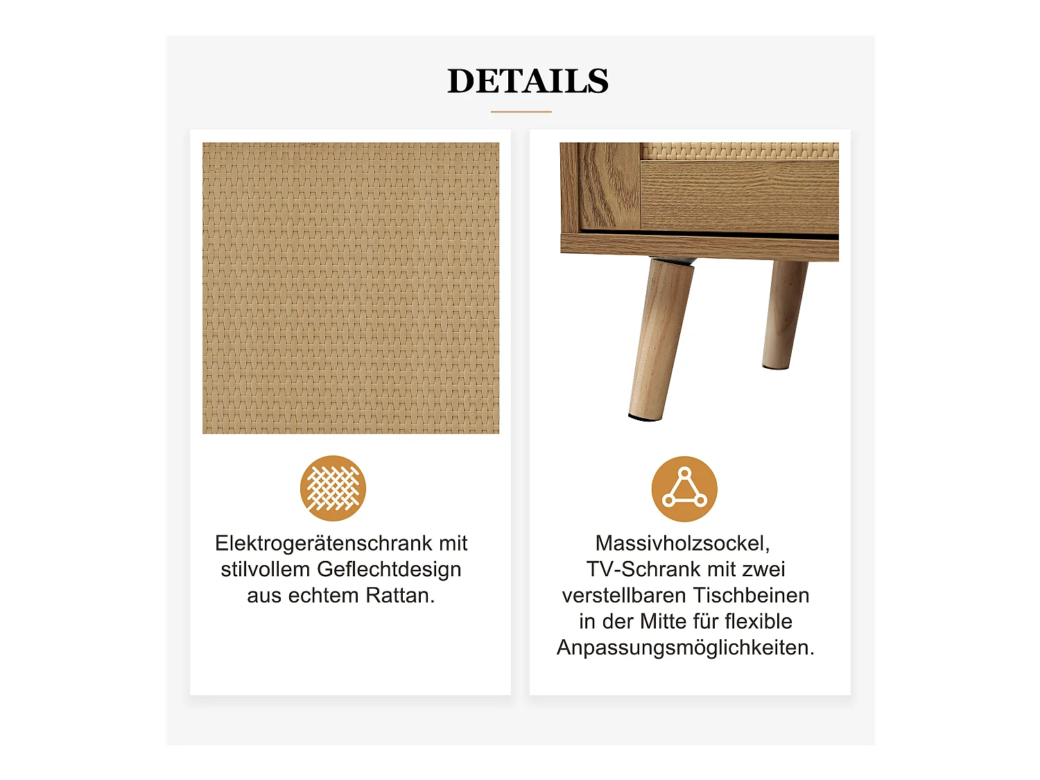 Meuble TV avec portes coulissantes en rotin et tiroirs, bois massif, 160x37x49cm, pour TV jusqu'à 70 pouces