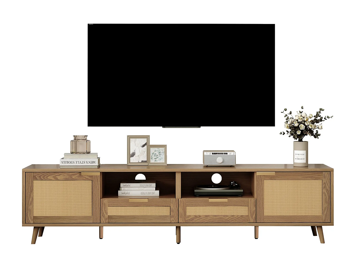 Meuble TV avec portes coulissantes en rotin et tiroirs, bois massif, 160x37x49cm, pour TV jusqu'à 70 pouces