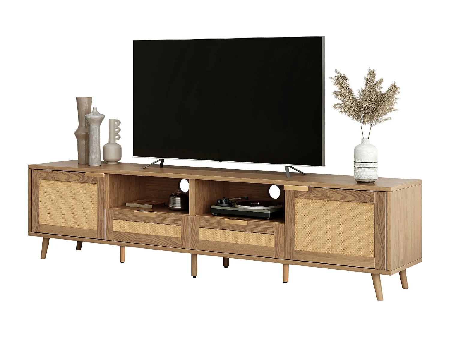 Meuble TV avec portes coulissantes en rotin et tiroirs, bois massif, 160x37x49cm, pour TV jusqu'à 70 pouces