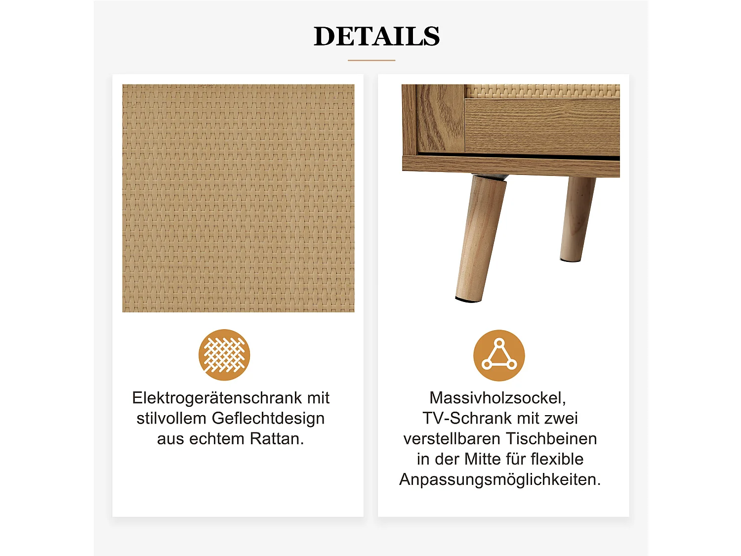 Meuble TV avec portes coulissantes en rotin et tiroirs, bois massif, 160x37x49cm, pour TV jusqu'à 70 pouces