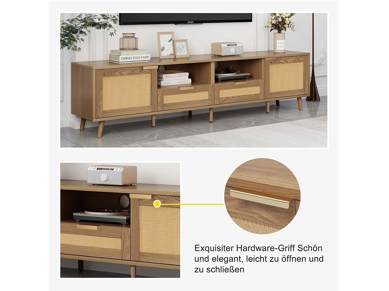 Meuble TV avec portes coulissantes en rotin et tiroirs, bois massif, 160x37x49cm, pour TV jusqu'à 70 pouces
