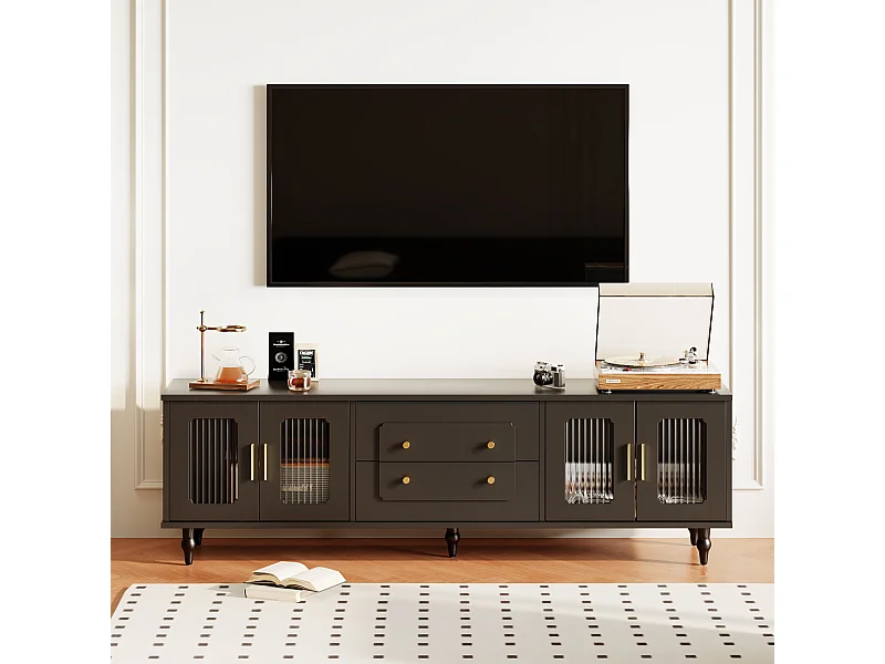 Meuble TV Rétro Noir avec 2 Portes, 2 Tiroirs, Glastüren, Pieds en Bois Massif (177x38x53cm)