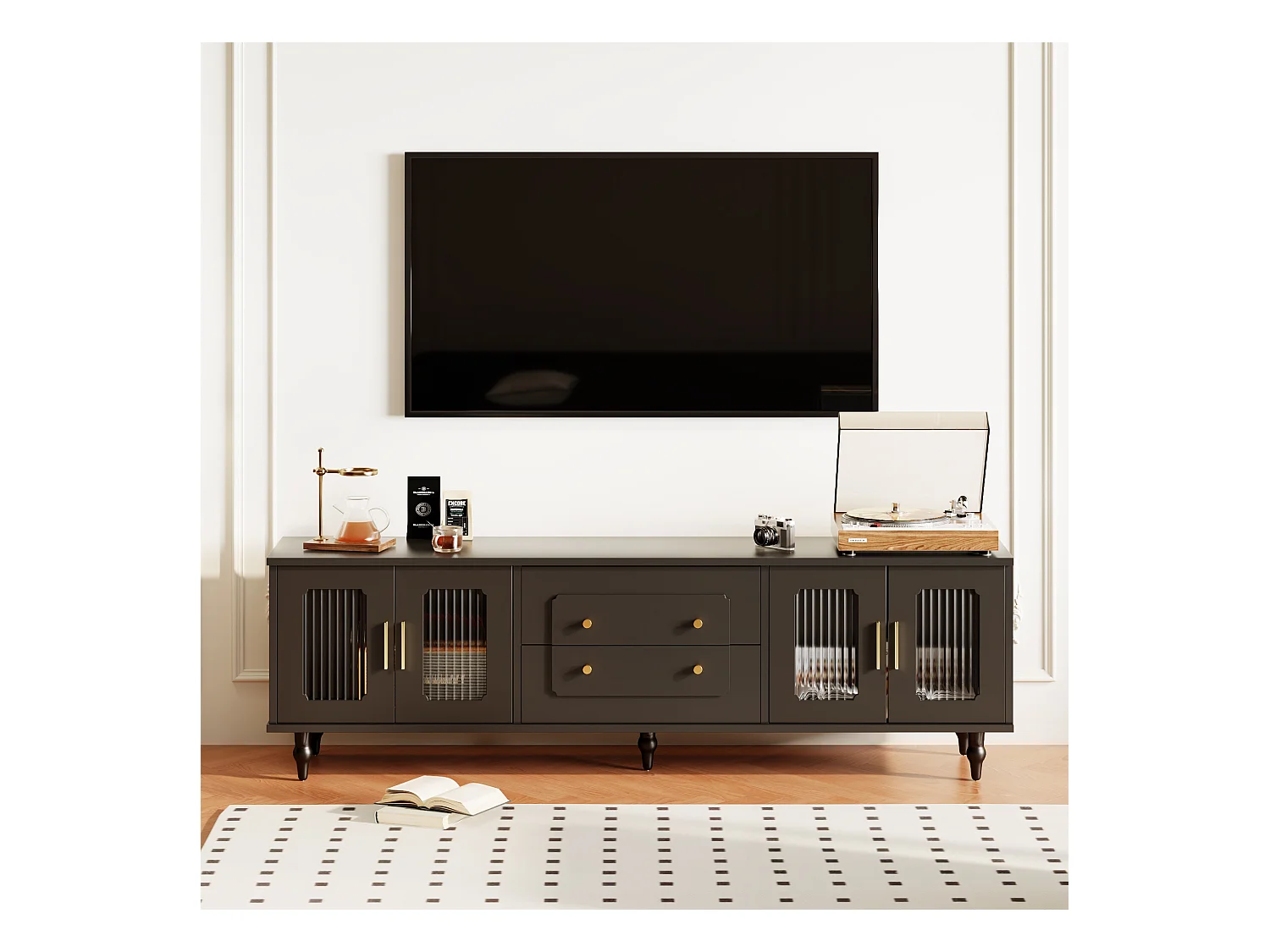 Meuble TV Rétro Noir avec 2 Portes, 2 Tiroirs, Glastüren, Pieds en Bois Massif (177x38x53cm)