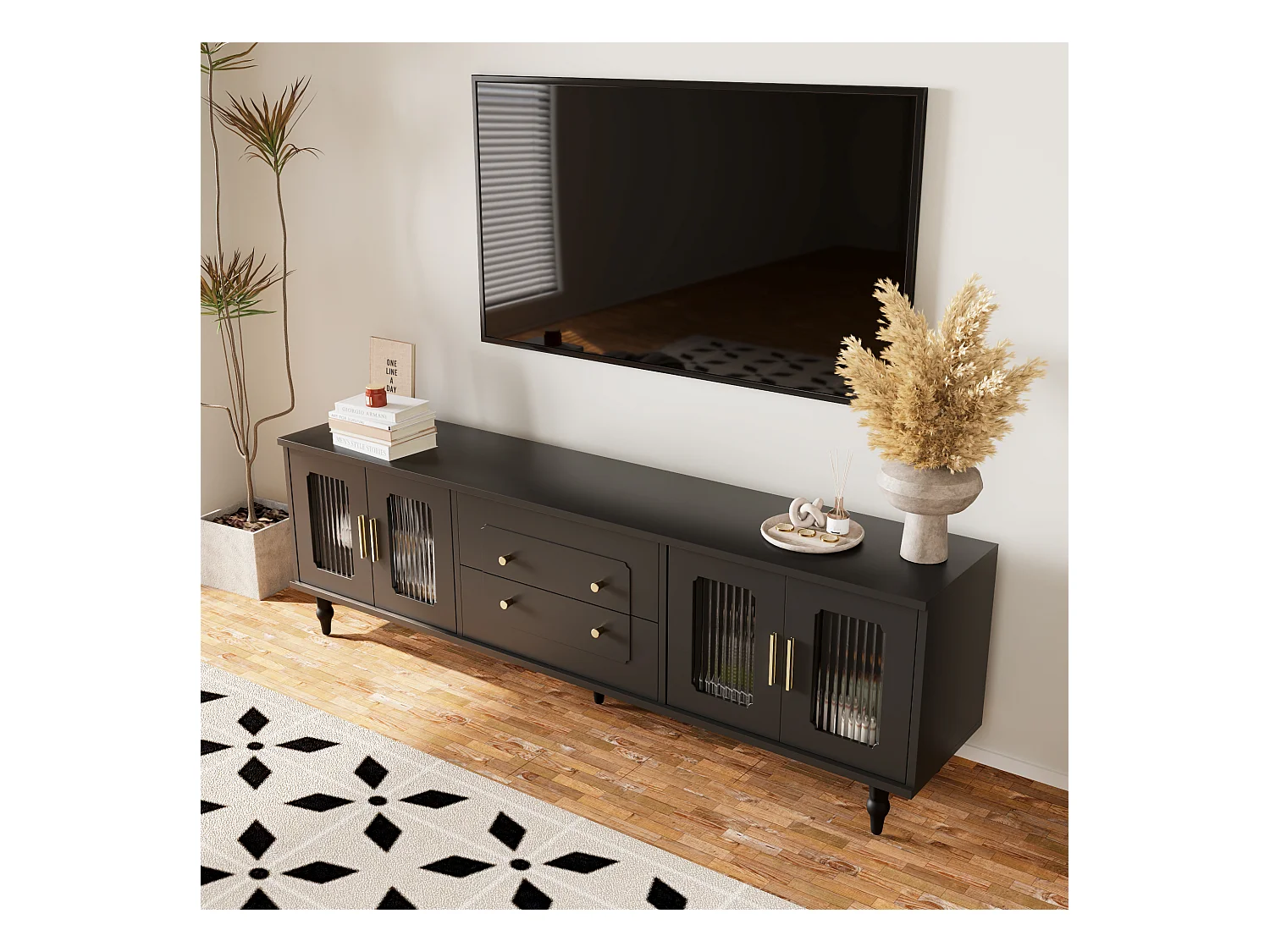 Meuble TV Rétro Noir avec 2 Portes, 2 Tiroirs, Glastüren, Pieds en Bois Massif (177x38x53cm)