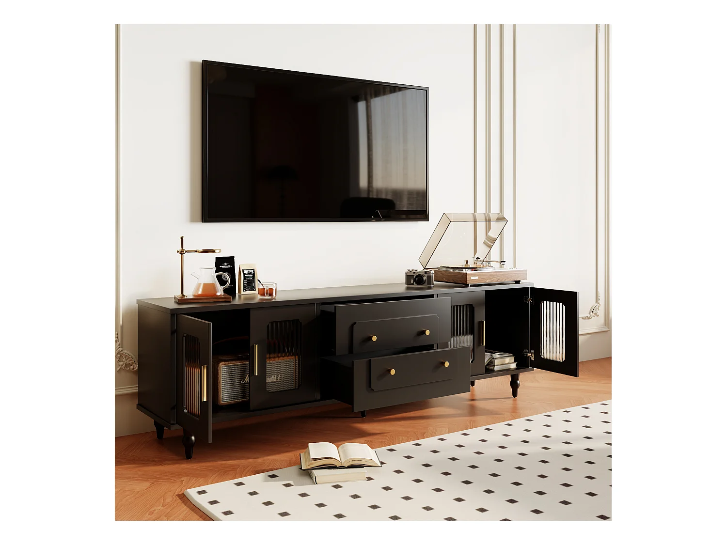 Meuble TV Rétro Noir avec 2 Portes, 2 Tiroirs, Glastüren, Pieds en Bois Massif (177x38x53cm)