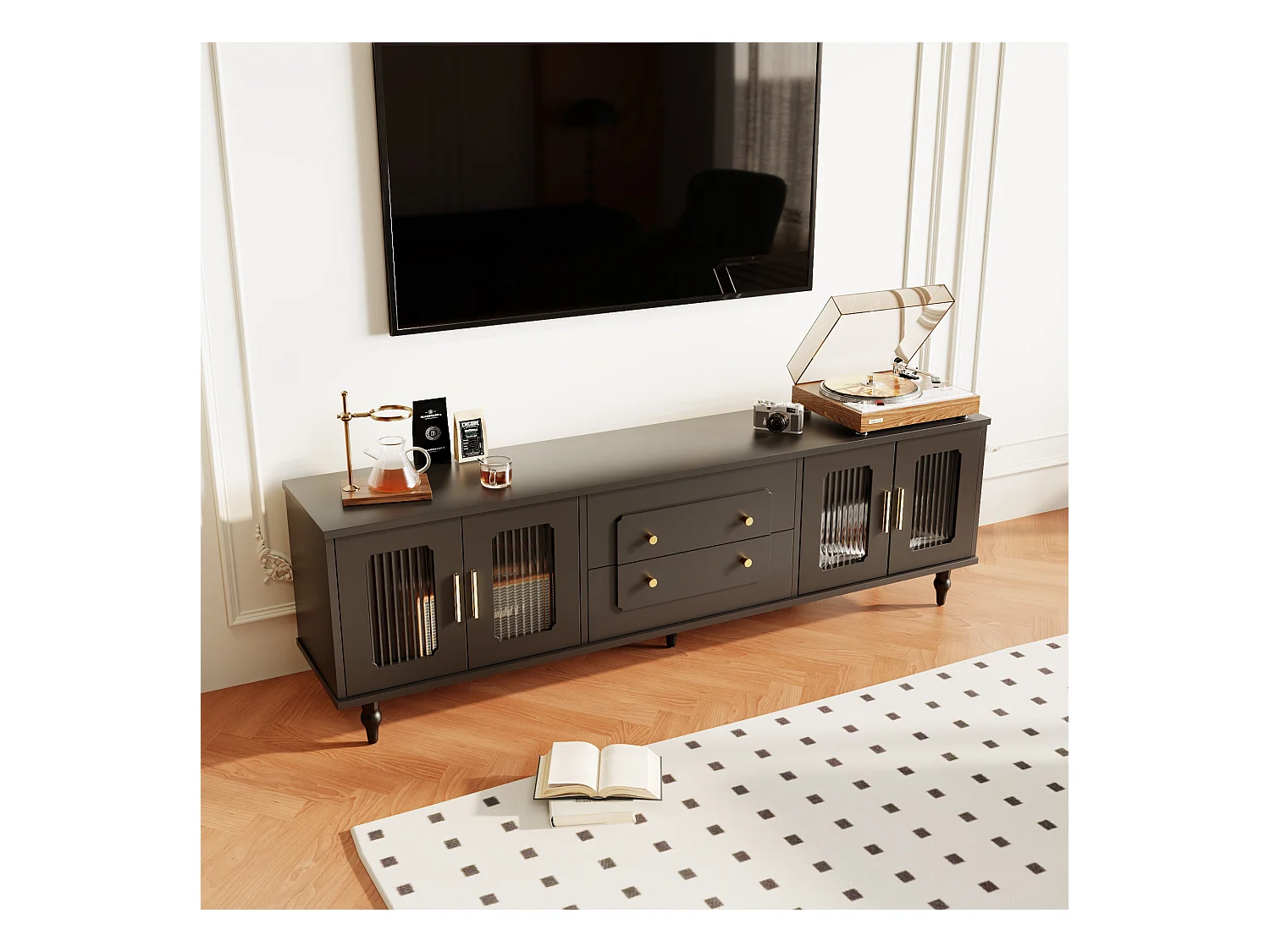 Meuble TV Rétro Noir avec 2 Portes, 2 Tiroirs, Glastüren, Pieds en Bois Massif (177x38x53cm)