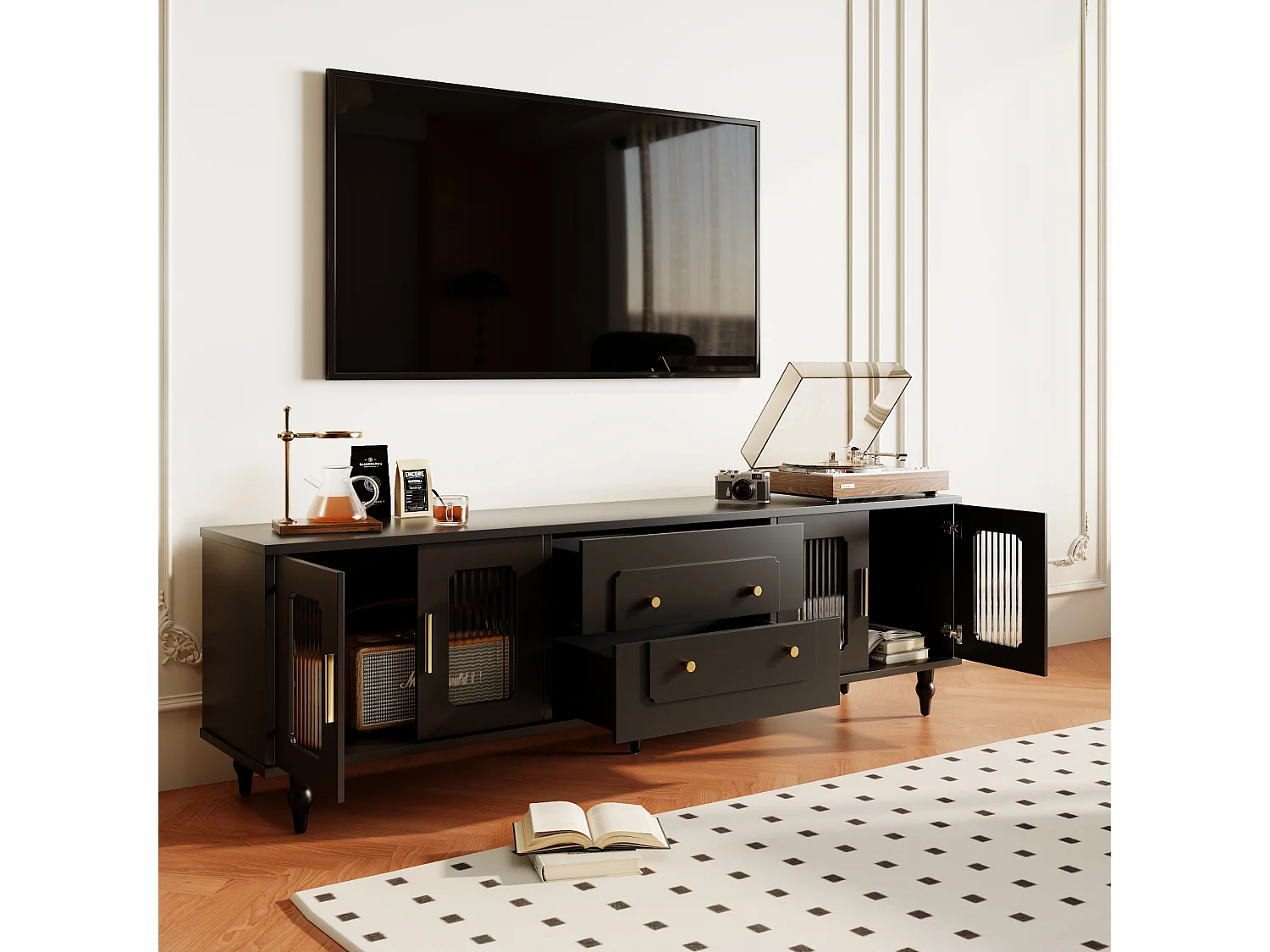 Meuble TV Rétro Noir avec 2 Portes, 2 Tiroirs, Glastüren, Pieds en Bois Massif (177x38x53cm)