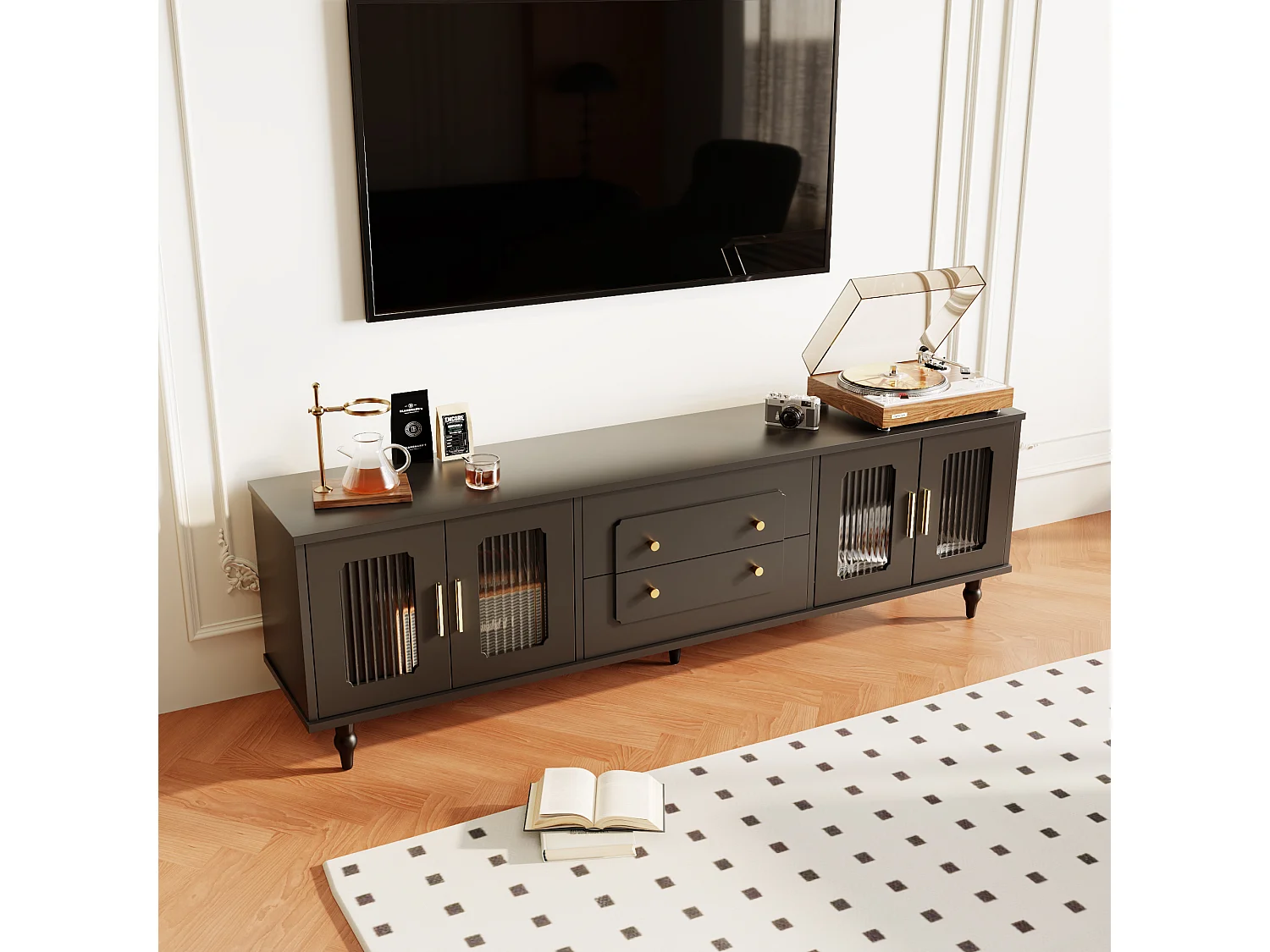 Meuble TV Rétro Noir avec 2 Portes, 2 Tiroirs, Glastüren, Pieds en Bois Massif (177x38x53cm)