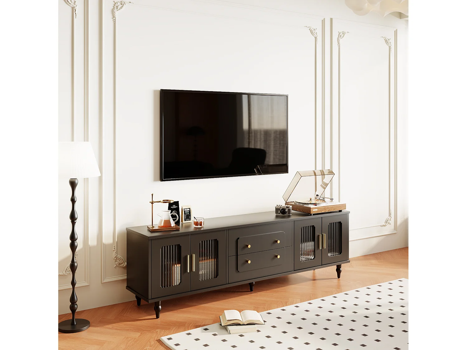 Meuble TV Rétro Noir avec 2 Portes, 2 Tiroirs, Glastüren, Pieds en Bois Massif (177x38x53cm)