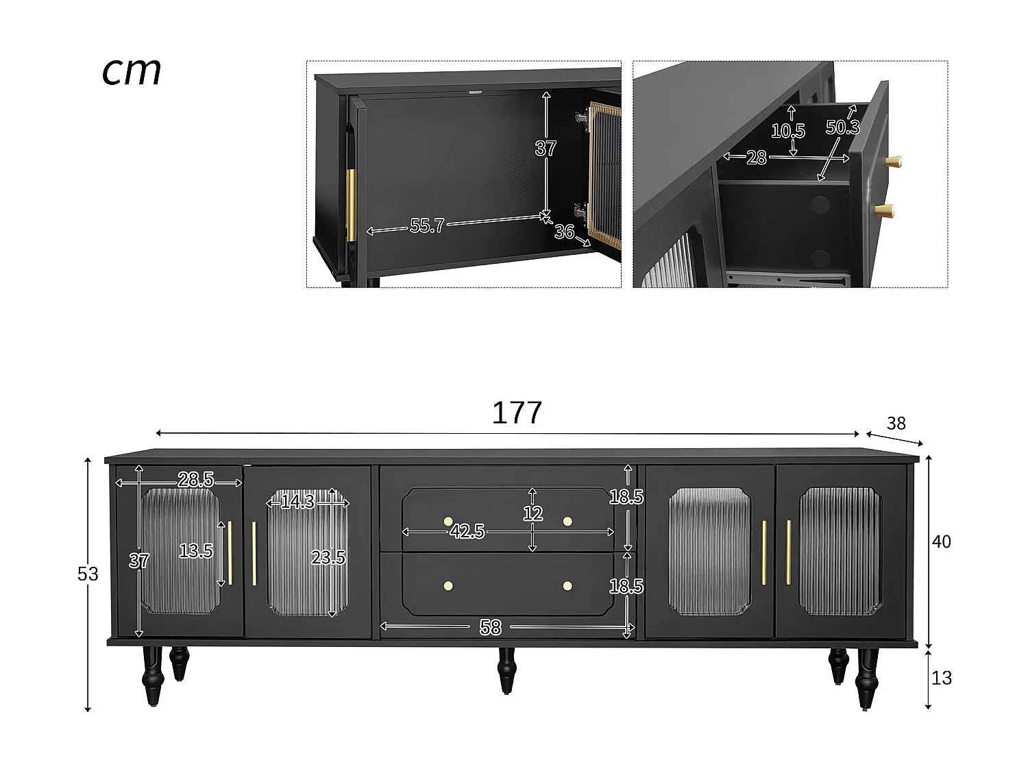 Meuble TV Rétro Noir avec 2 Portes, 2 Tiroirs, Glastüren, Pieds en Bois Massif (177x38x53cm)