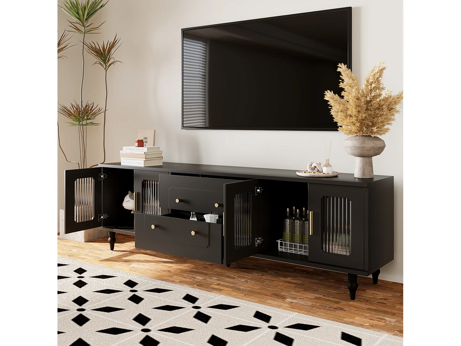 Meuble TV Rétro Noir avec 2 Portes, 2 Tiroirs, Glastüren, Pieds en Bois Massif (177x38x53cm)