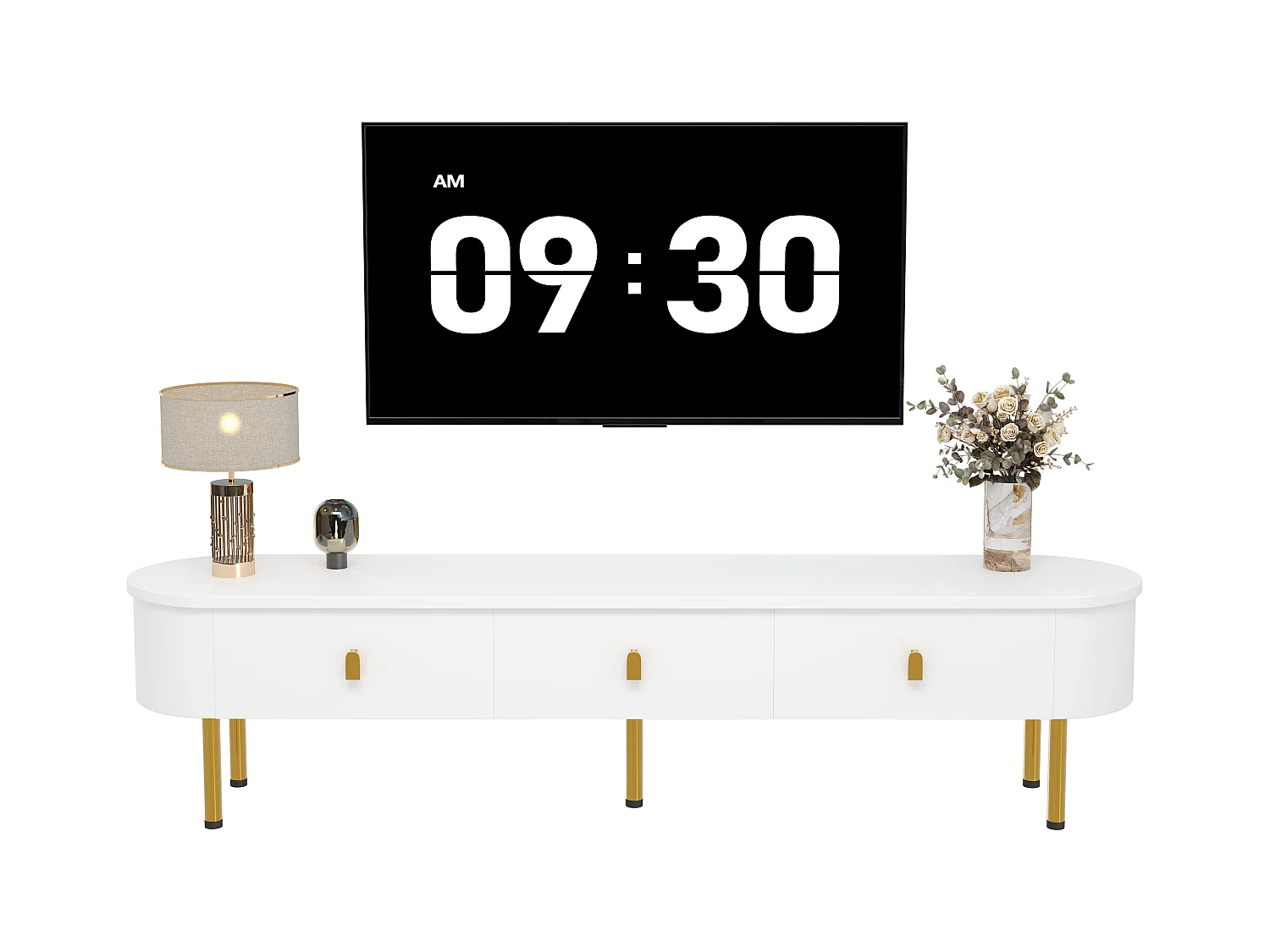 Meuble TV avec 3 tiroirs, design moderne, MDF, blanc et or, avec poignées dorées (174x35x41cm)