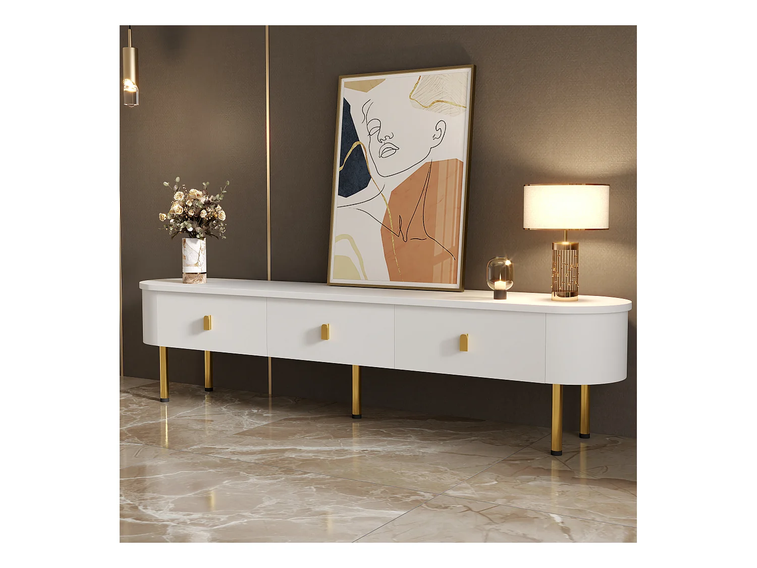 Meuble TV avec 3 tiroirs, design moderne, MDF, blanc et or, avec poignées dorées (174x35x41cm)