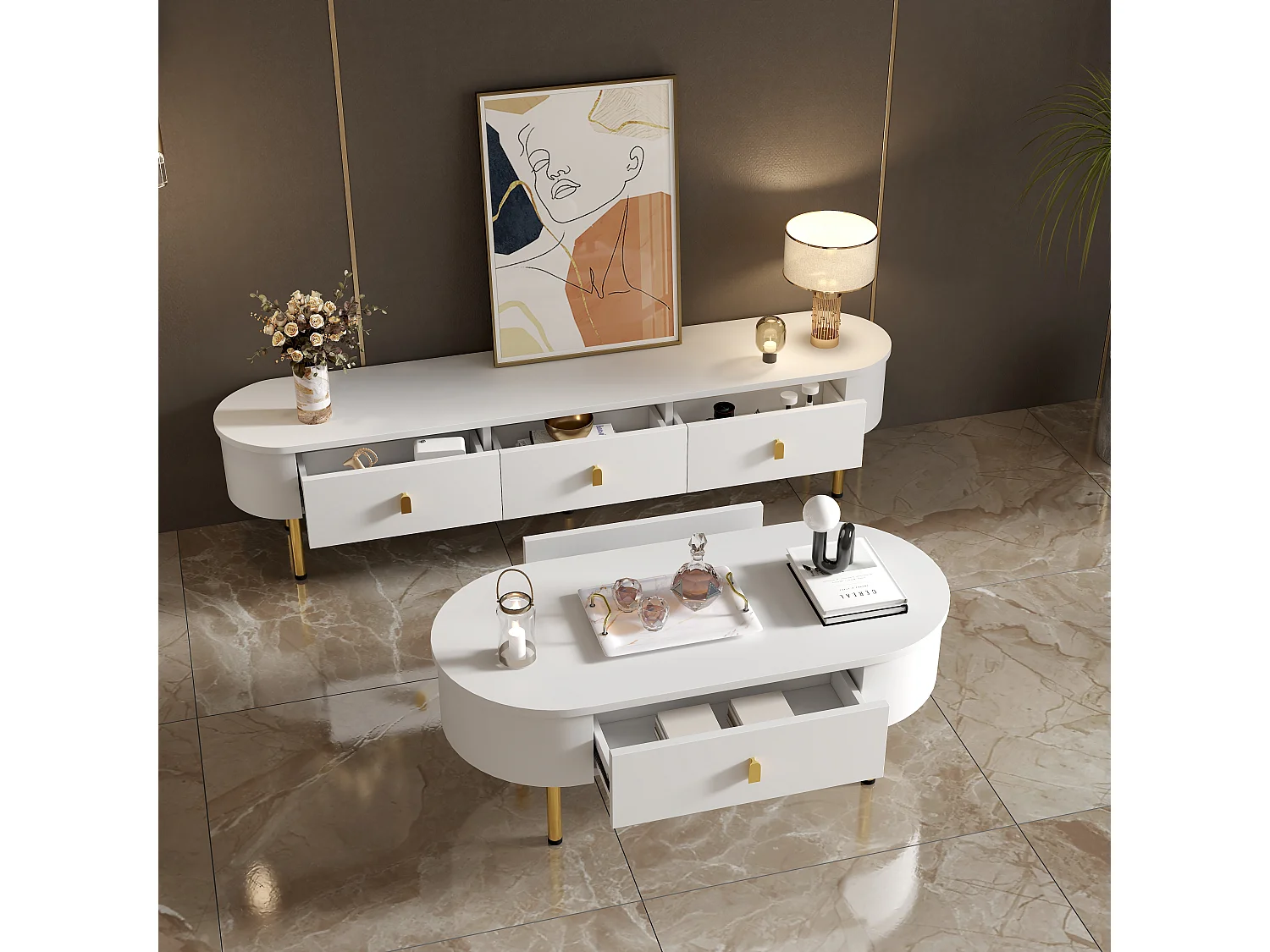 Meuble TV avec 3 tiroirs, design moderne, MDF, blanc et or, avec poignées dorées (174x35x41cm)