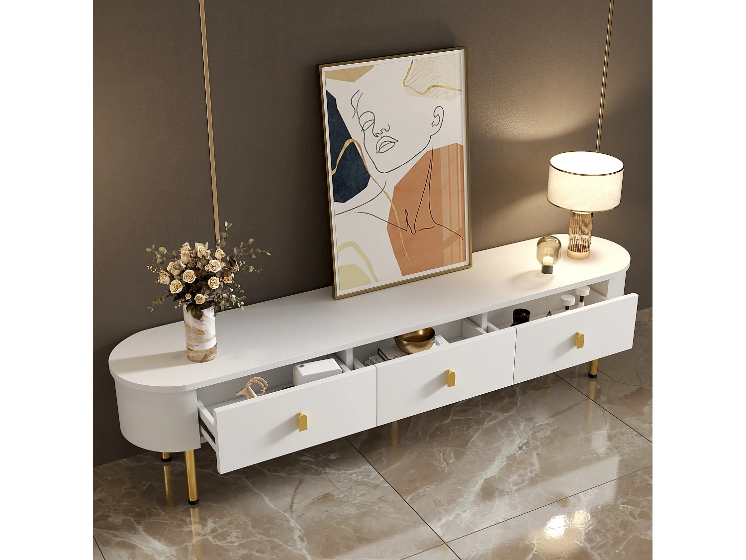 Meuble TV avec 3 tiroirs, design moderne, MDF, blanc et or, avec poignées dorées (174x35x41cm)