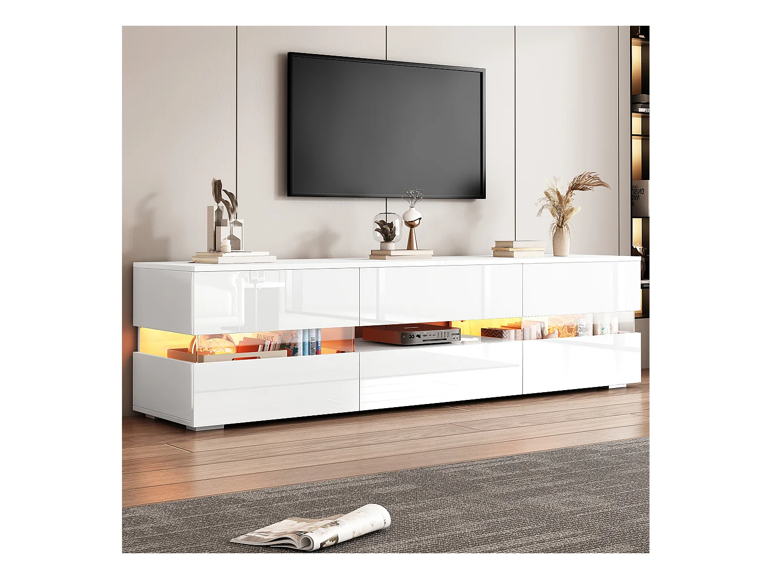 High-end tv-meubel met ledverlichting, 2 deuren, 1 lade, open vak, voor tv's tot 70 inch (160x39x45 cm)