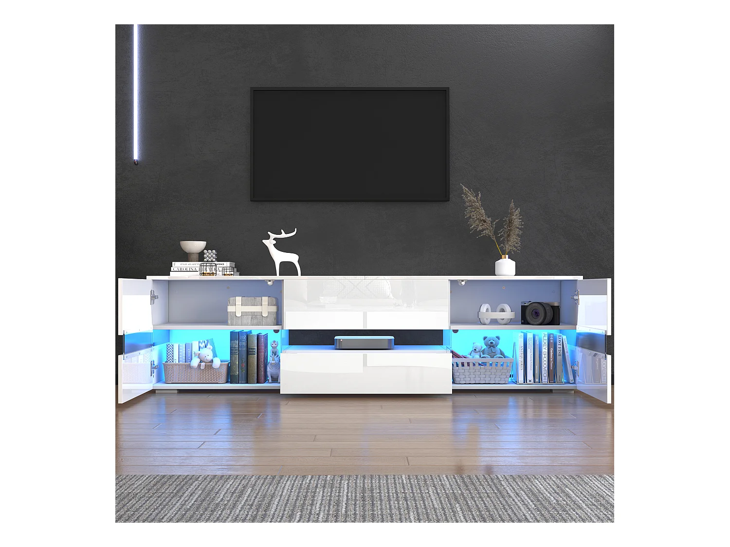 High-end tv-meubel met ledverlichting, 2 deuren, 1 lade, open vak, voor tv's tot 70 inch (160x39x45 cm)