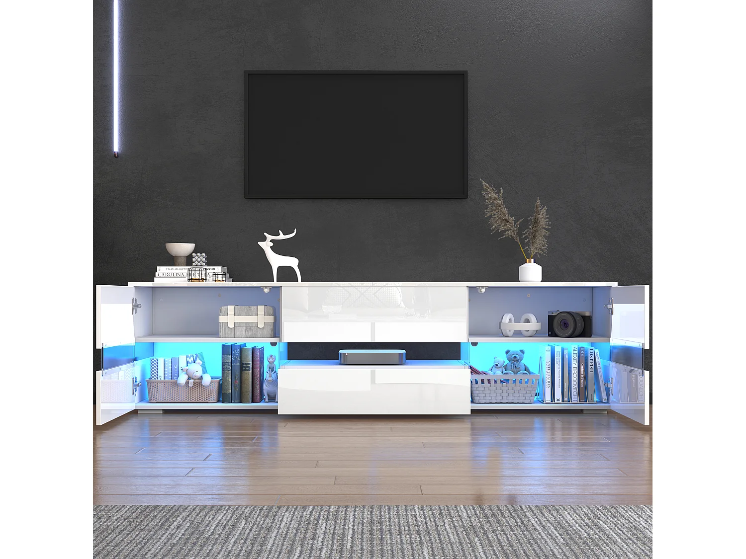 Meuble TV haut de gamme avec éclairage LED, 2 portes, 1 tiroir, compartiment ouvert, pour TV jusqu'à 70 pouces (160x39x45 cm)