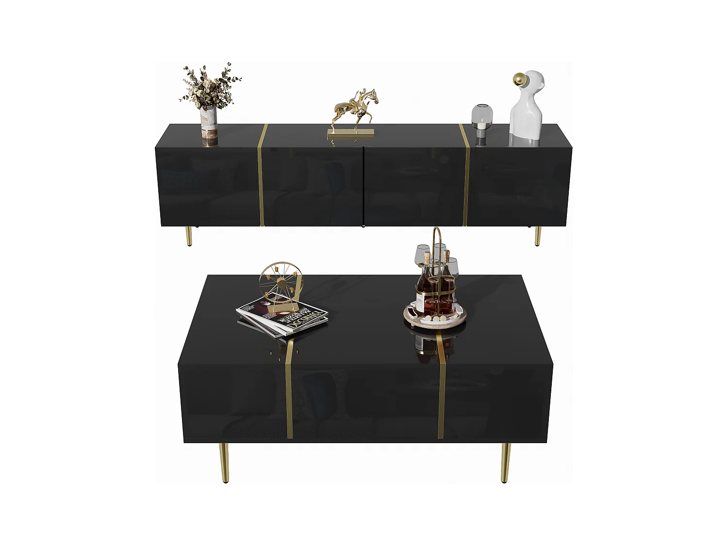 Set Meuble TV et Table Basse Haut Brillant Noir, Design Élégant, MDF (170x35x46cm / 100x60x41.5cm)
