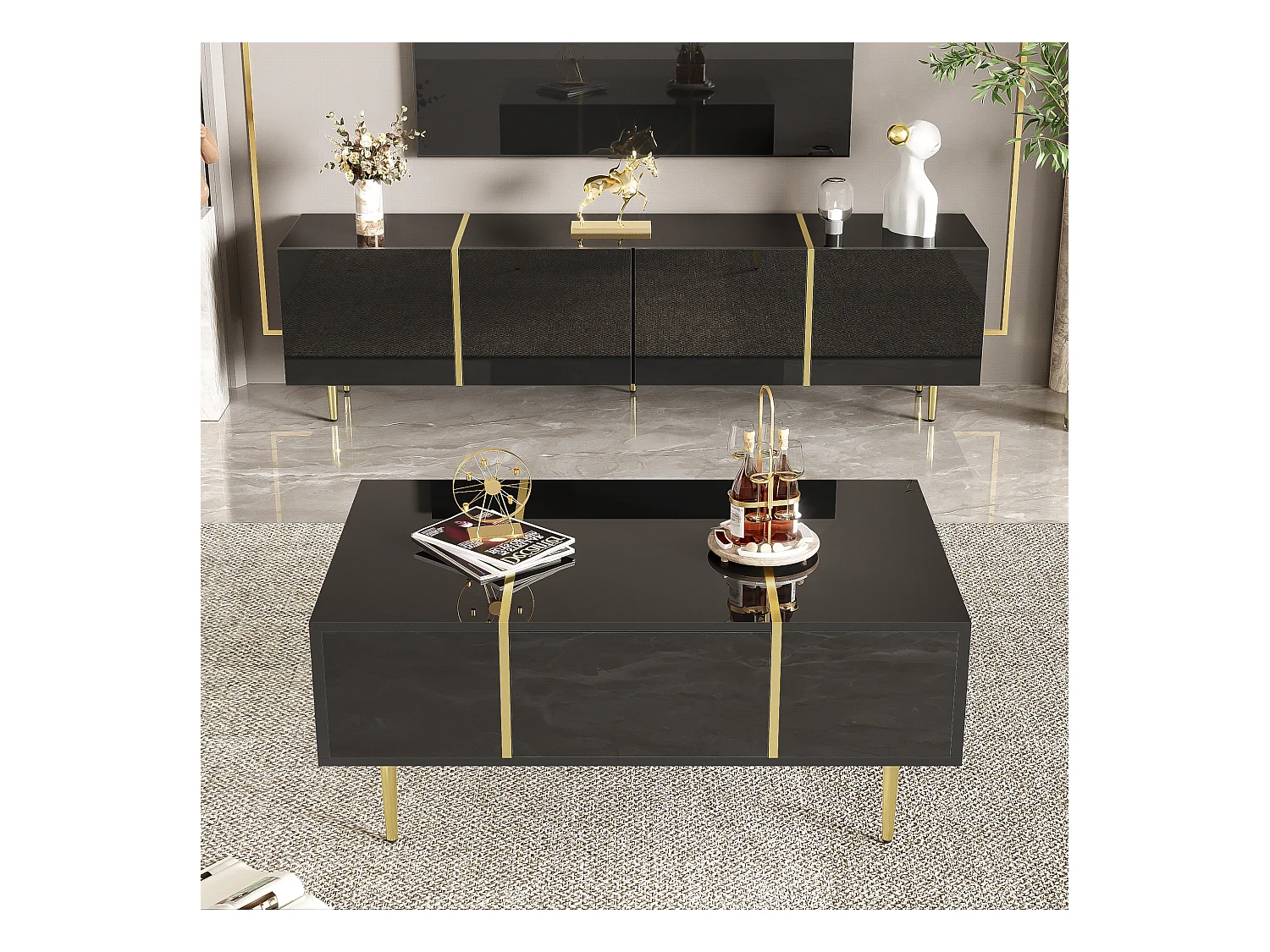 Set Meuble TV et Table Basse Haut Brillant Noir, Design Élégant, MDF (170x35x46cm / 100x60x41.5cm)