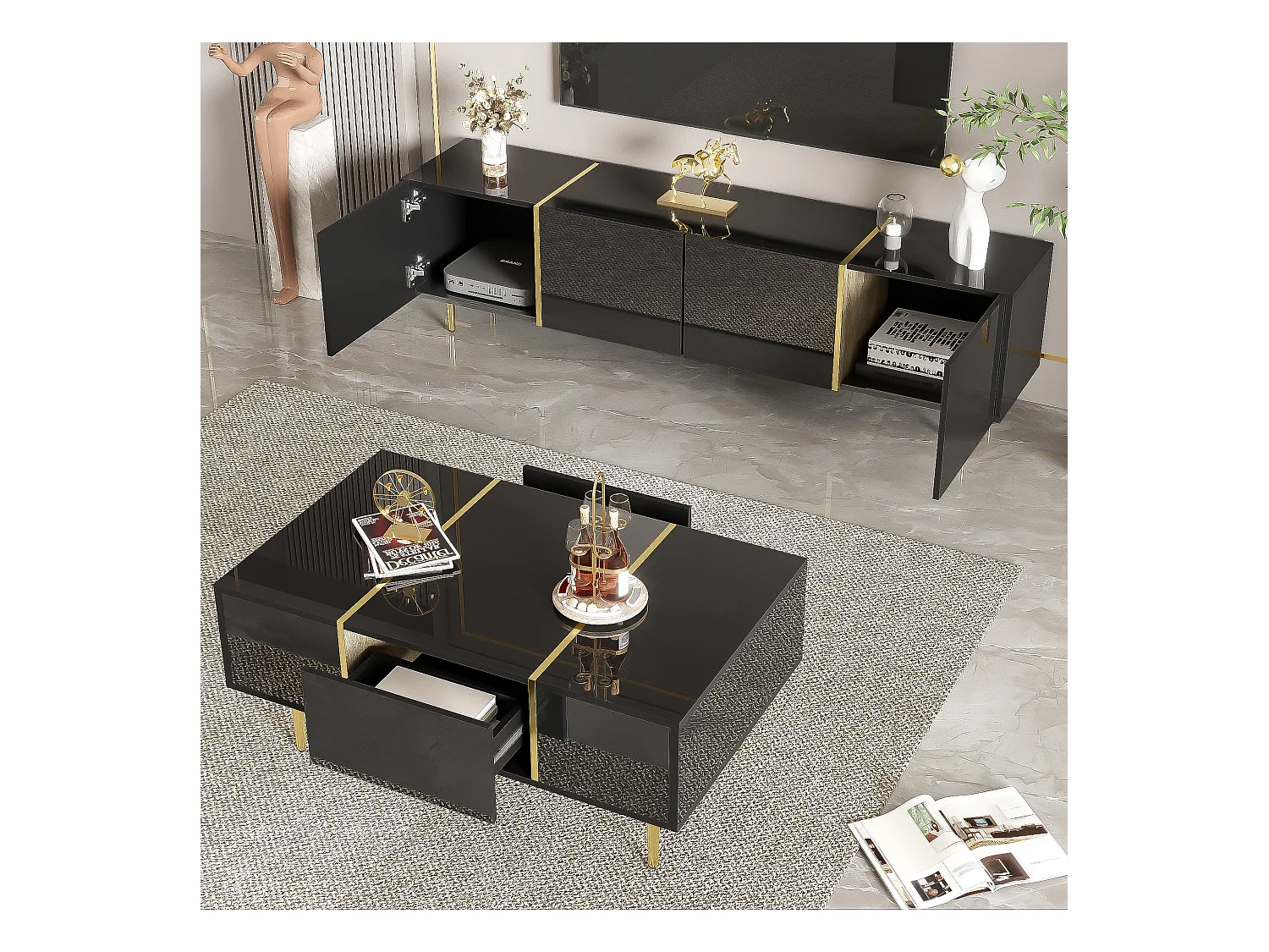 Set Meuble TV et Table Basse Haut Brillant Noir, Design Élégant, MDF (170x35x46cm / 100x60x41.5cm)