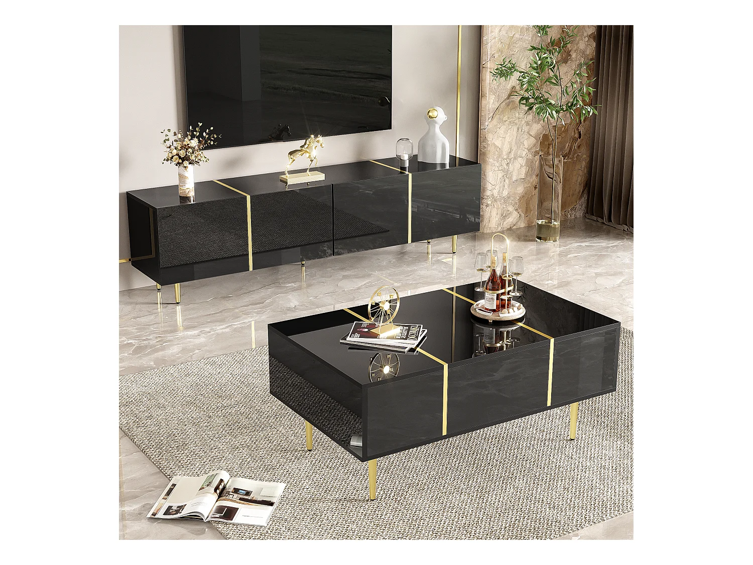 Set Meuble TV et Table Basse Haut Brillant Noir, Design Élégant, MDF (170x35x46cm / 100x60x41.5cm)