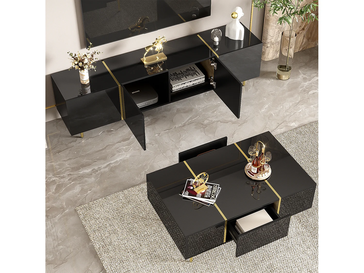 Set Meuble TV et Table Basse Haut Brillant Noir, Design Élégant, MDF (170x35x46cm / 100x60x41.5cm)