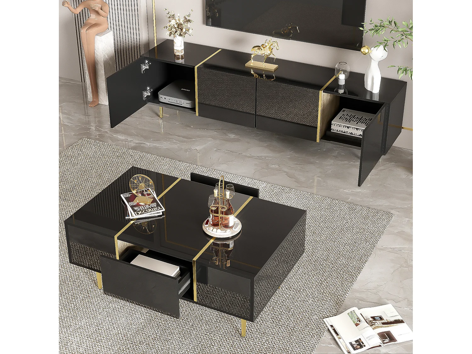 Set Meuble TV et Table Basse Haut Brillant Noir, Design Élégant, MDF (170x35x46cm / 100x60x41.5cm)