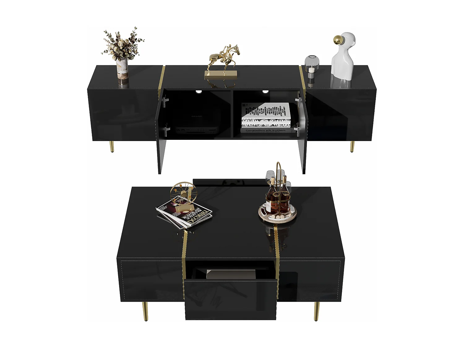 Set Meuble TV et Table Basse Haut Brillant Noir, Design Élégant, MDF (170x35x46cm / 100x60x41.5cm)