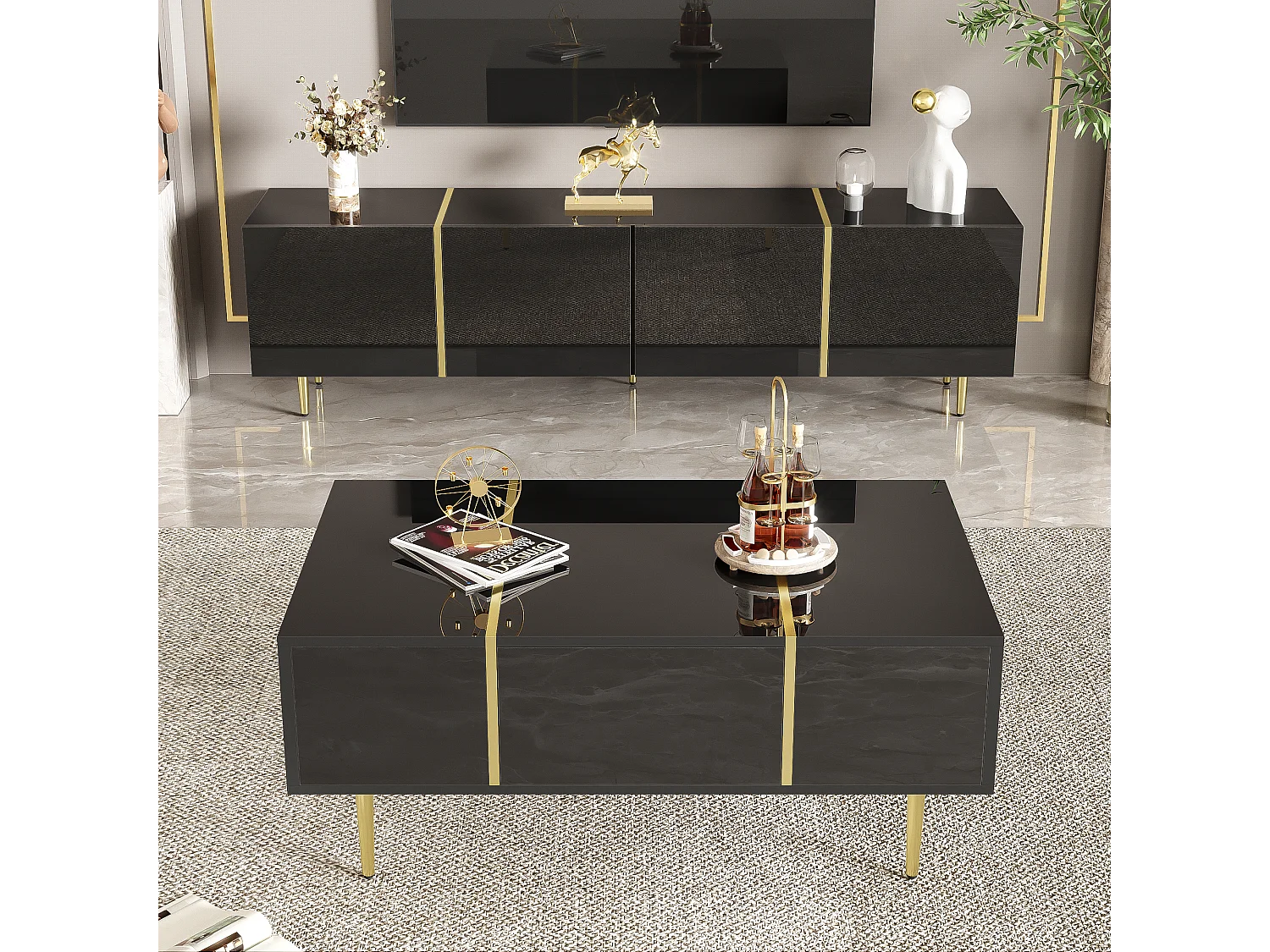 Set Meuble TV et Table Basse Haut Brillant Noir, Design Élégant, MDF (170x35x46cm / 100x60x41.5cm)