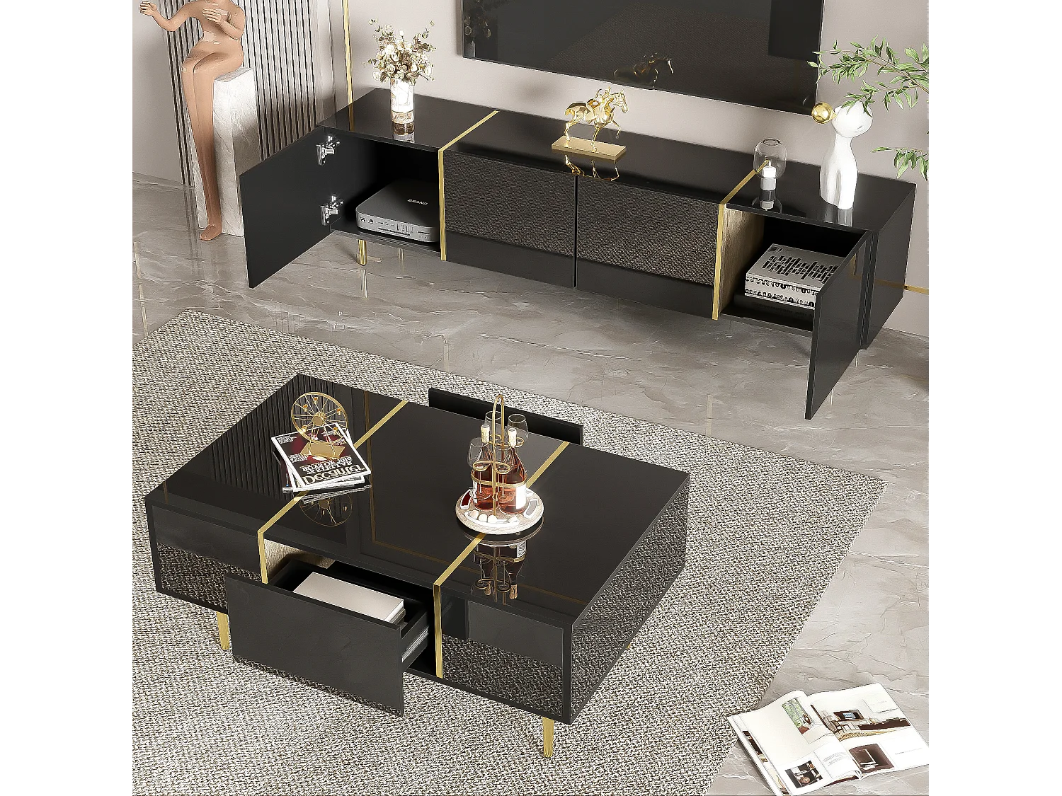 Set Meuble TV et Table Basse Haut Brillant Noir, Design Élégant, MDF (170x35x46cm / 100x60x41.5cm)