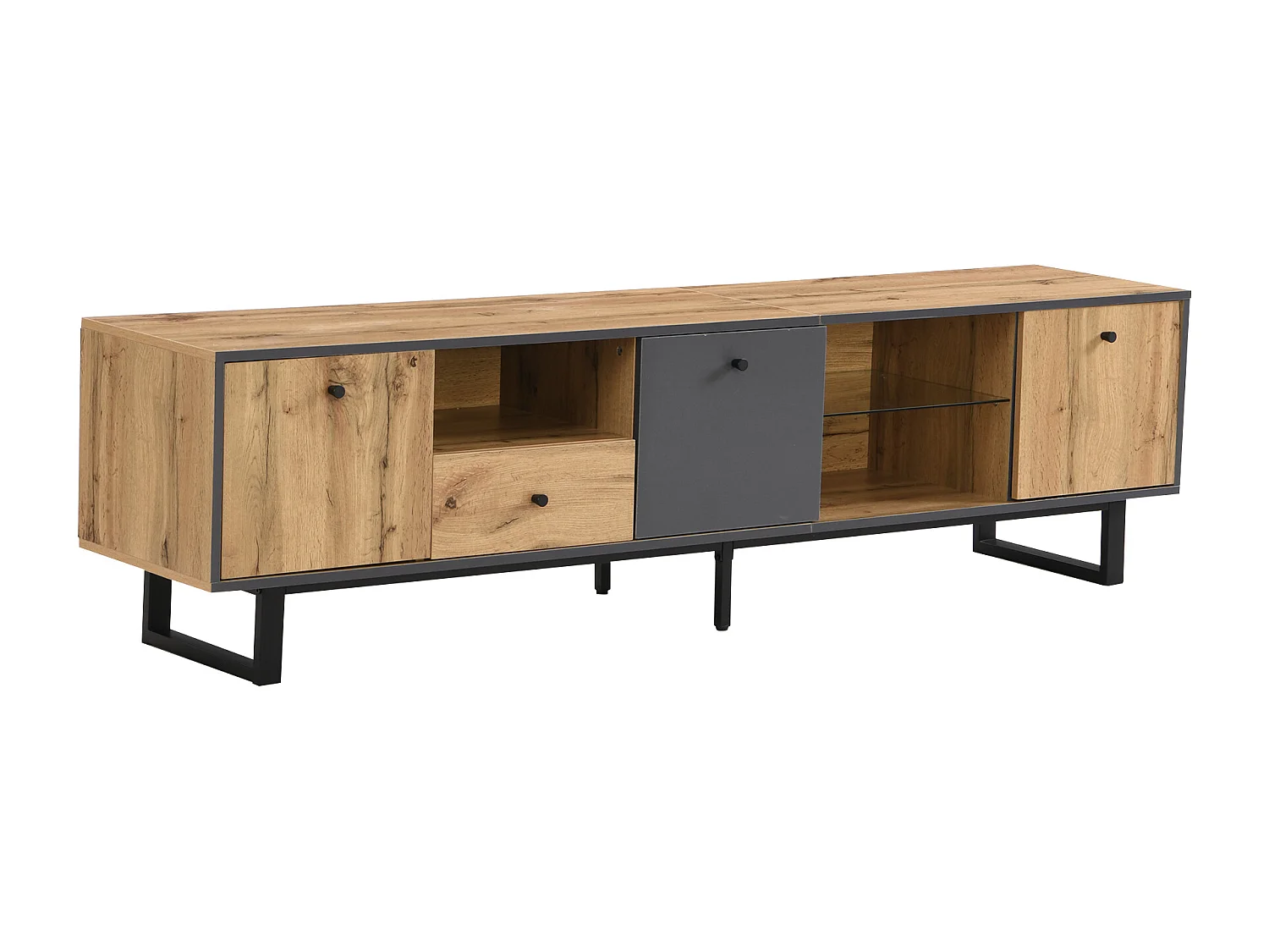 Mueble de TV con LED, diseño moderno, paneles de madera y cristal, 3 puertas, 3 compartimentos, gris antracita y madera (190x40x50cm)