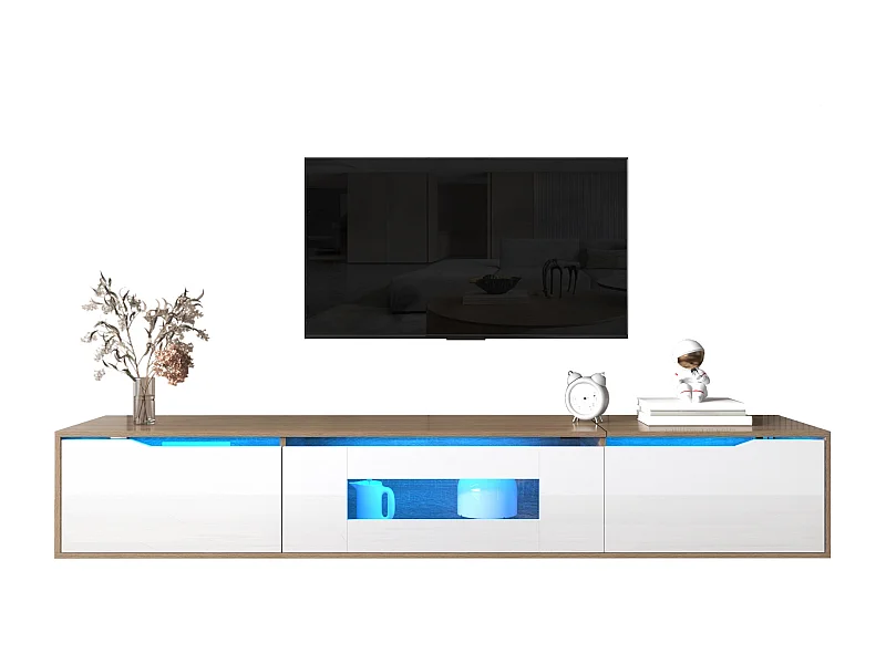 Moderne witte tv-standaard met 16-kleurige ledverlichting, 180x35x30cm, elegant design, met verstelbare planken