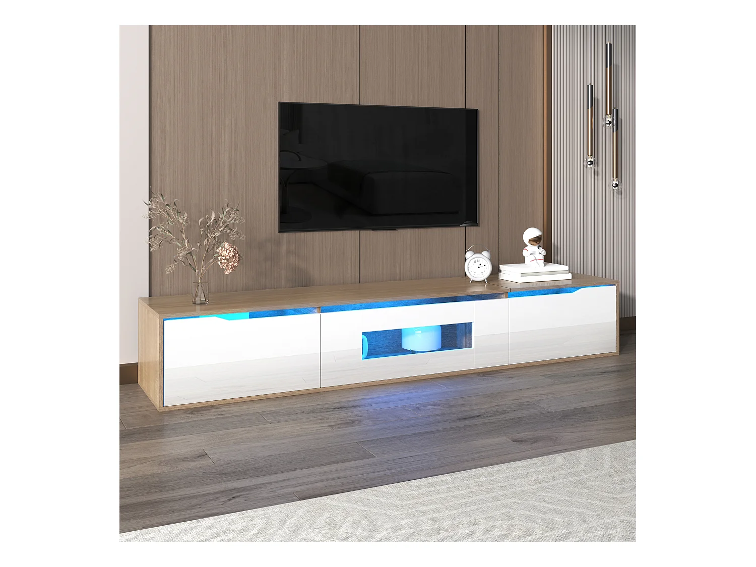 Meuble TV Blanc Moderne avec Éclairage LED 16 Couleurs, 180x35x30cm, Design Élégant, avec Étagères Ajustables