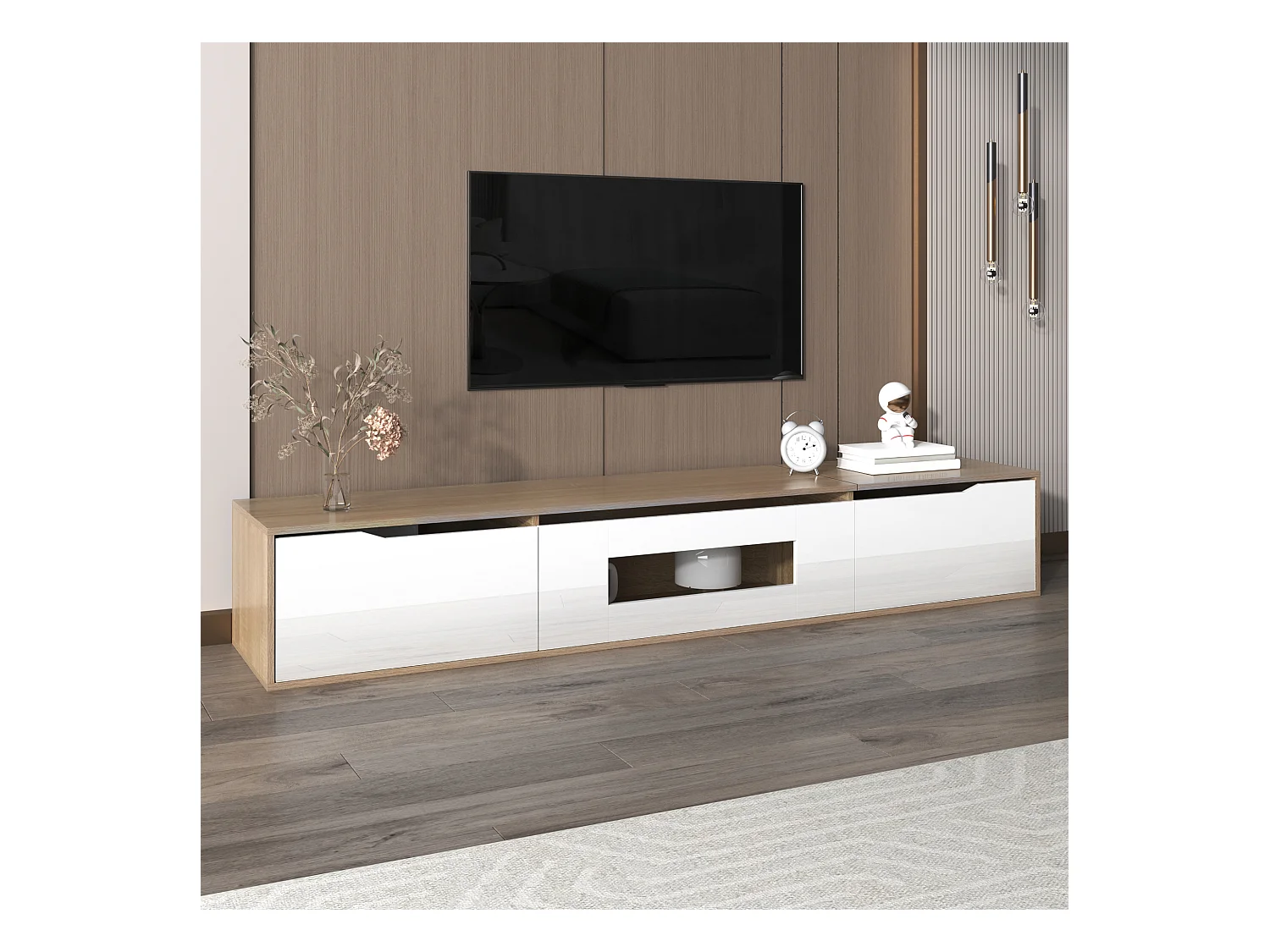 Meuble TV Blanc Moderne avec Éclairage LED 16 Couleurs, 180x35x30cm, Design Élégant, avec Étagères Ajustables