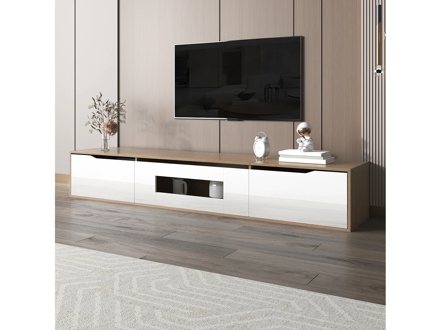 Meuble TV Blanc Moderne avec Éclairage LED 16 Couleurs, 180x35x30cm, Design Élégant, avec Étagères Ajustables