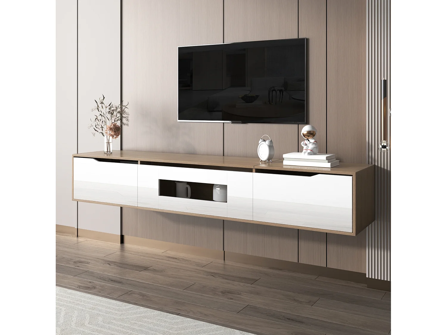 Meuble TV Blanc Moderne avec Éclairage LED 16 Couleurs, 180x35x30cm, Design Élégant, avec Étagères Ajustables