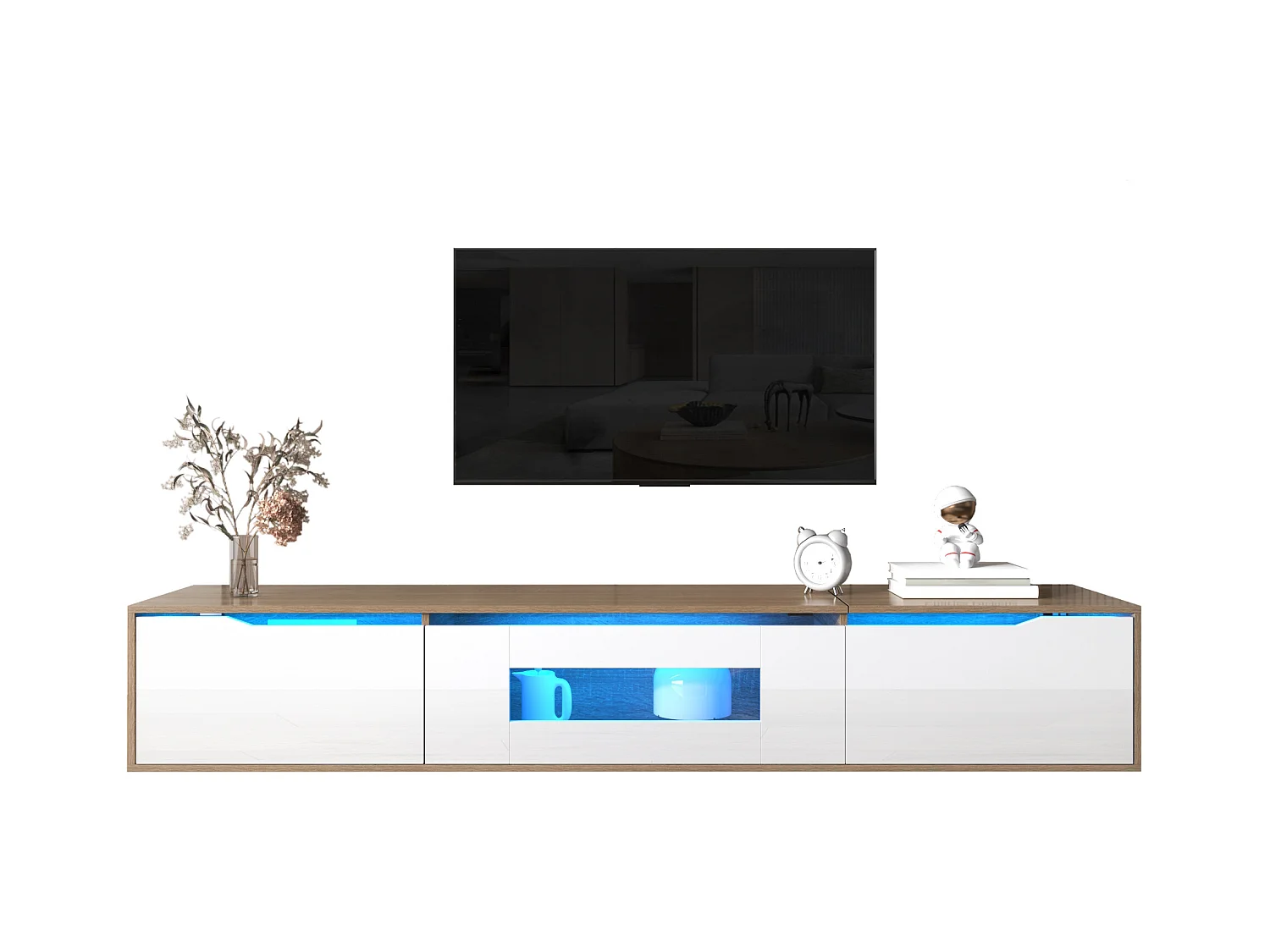 Moderne witte tv-standaard met 16-kleurige ledverlichting, 180x35x30cm, elegant design, met verstelbare planken