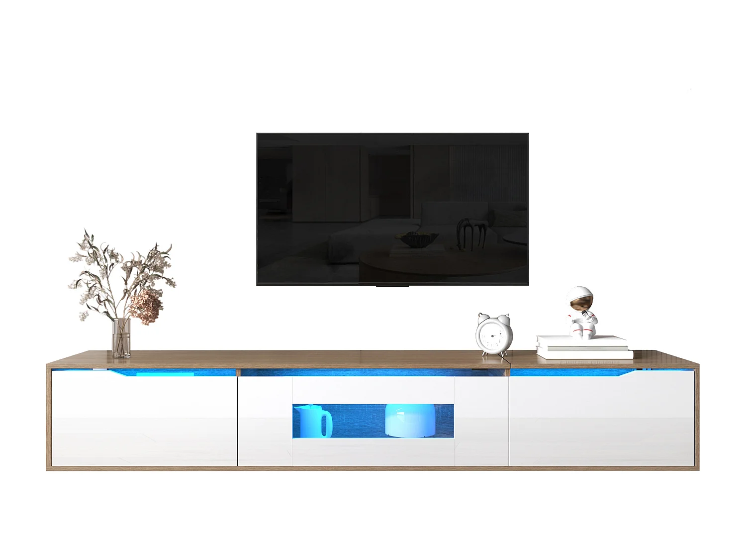 Meuble TV Blanc Moderne avec Éclairage LED 16 Couleurs, 180x35x30cm, Design Élégant, avec Étagères Ajustables