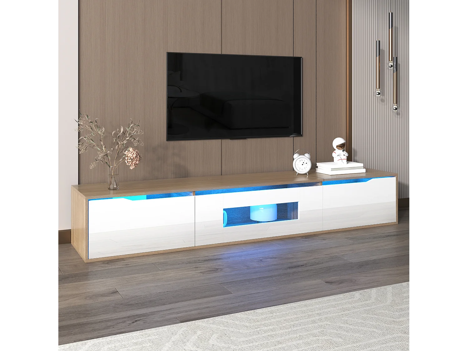 Meuble TV Blanc Moderne avec Éclairage LED 16 Couleurs, 180x35x30cm, Design Élégant, avec Étagères Ajustables