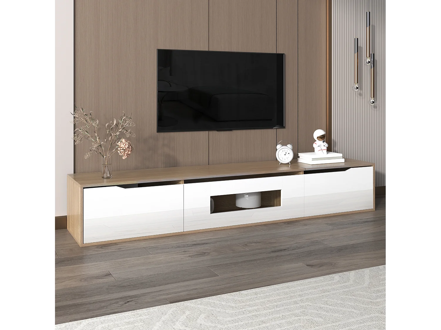 Meuble TV Blanc Moderne avec Éclairage LED 16 Couleurs, 180x35x30cm, Design Élégant, avec Étagères Ajustables