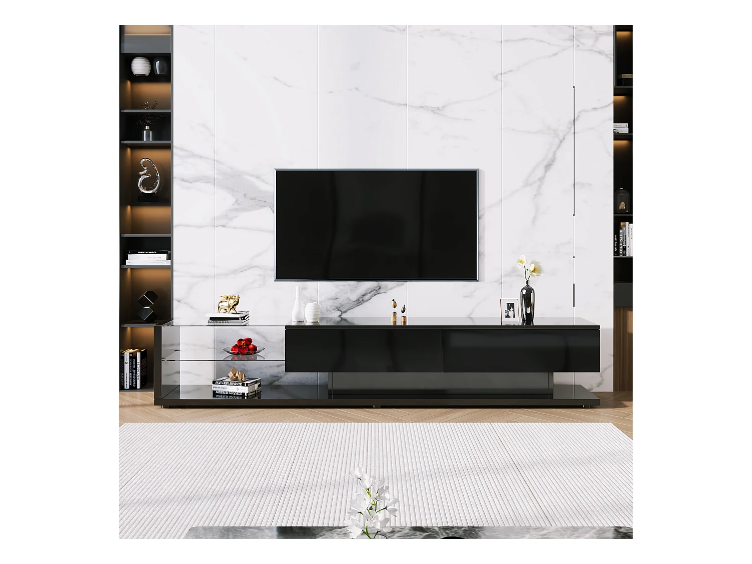 Mobile TV con LED, design moderno, divisorio in vetro, MDF, nero (170x36x38cm)