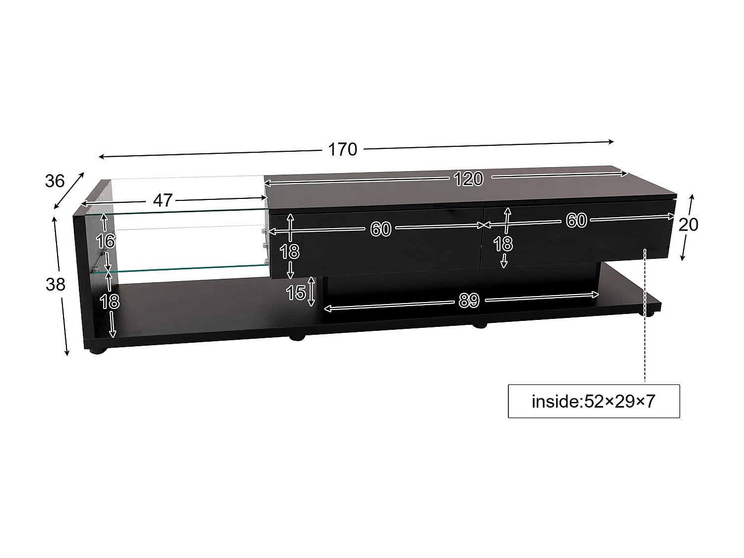 Mobile TV con LED, design moderno, divisorio in vetro, MDF, nero (170x36x38cm)
