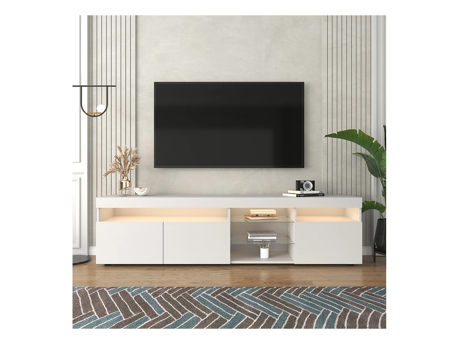 TV-meubel van 180 cm met ledverlichting, 3 compartimenten, modern design in wit MDF, geschikt voor tv's tot 49 inch (180 x 35 x 45 cm)