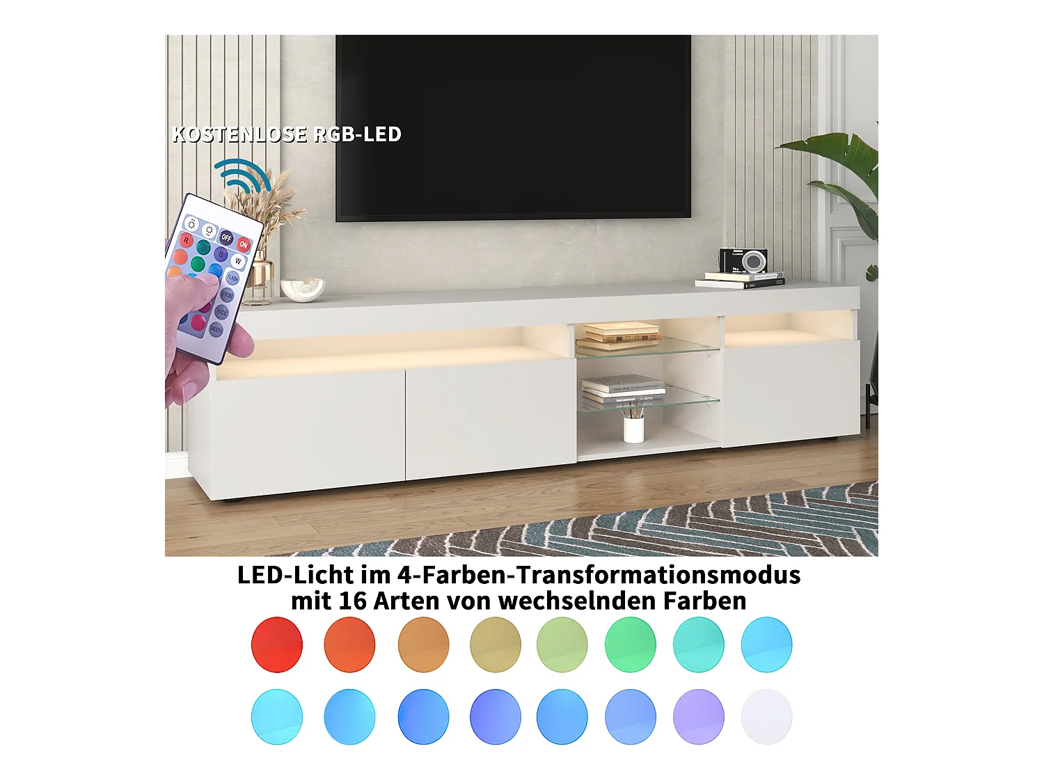 TV-meubel van 180 cm met ledverlichting, 3 compartimenten, modern design in wit MDF, geschikt voor tv's tot 49 inch (180 x 35 x 45 cm)