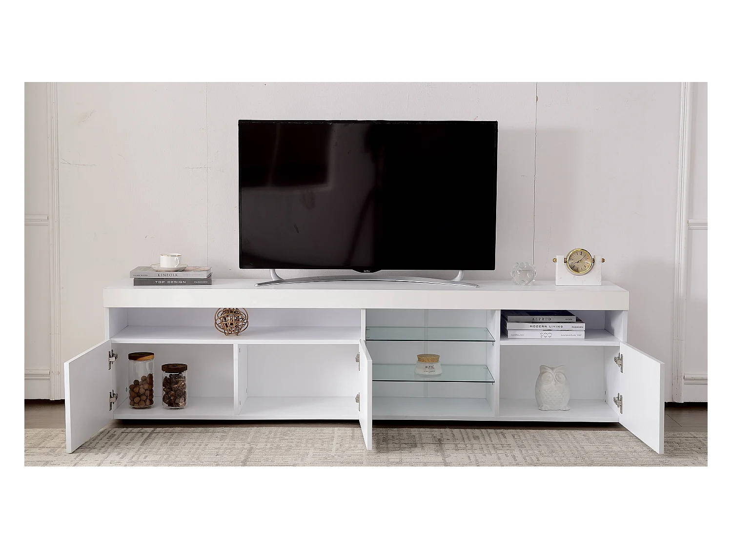 TV-meubel van 180 cm met ledverlichting, 3 compartimenten, modern design in wit MDF, geschikt voor tv's tot 49 inch (180 x 35 x 45 cm)